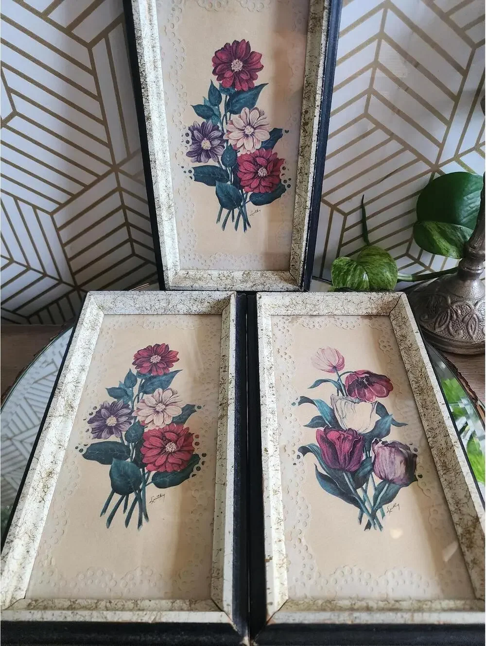 Vintage Framed Lace Matte Luthy Floral Prints 5x9 Set of 3